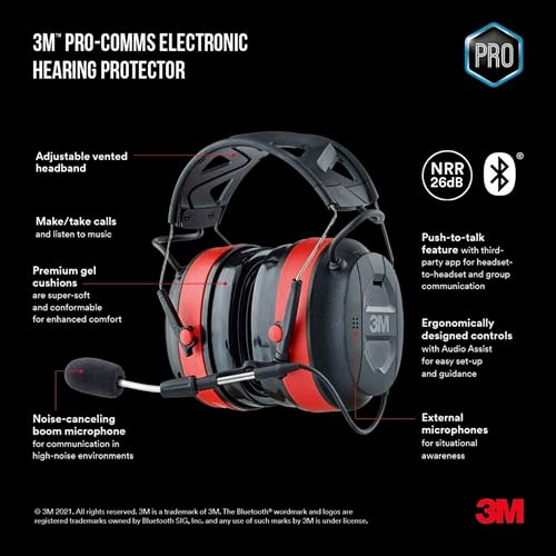3M Pro-Comms Electronic Hearing Protector, Wireless Earmuffs With Bluetooth Technology & External Noise-Canceling Boom Microphone, Noise Reduction Rating (NRR) 26 dB, Premium Gel Cushions (90546-SIOC) - Image 2
