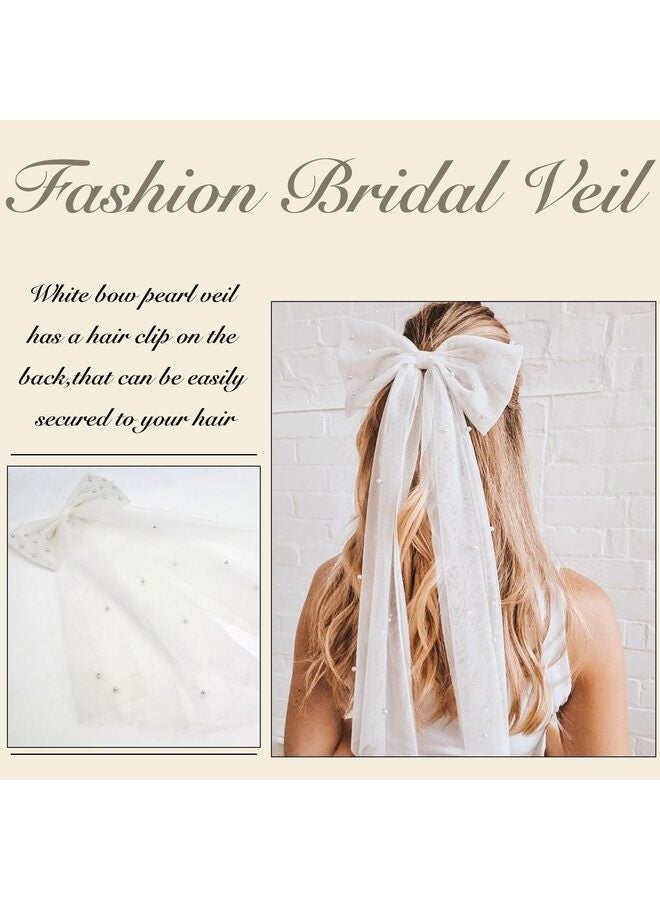 حجاب زفاف لحفلات توديع العزوبية مع فيونكة بيضاء وحجاب زفاف أنيق من طبقة التول ومشبك شعر للنساء والفتيات، أبيض، مقاس متوسط - Image 3