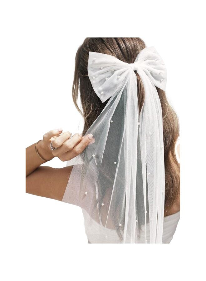 حجاب زفاف لحفلات توديع العزوبية مع فيونكة بيضاء وحجاب زفاف أنيق من طبقة التول ومشبك شعر للنساء والفتيات، أبيض، مقاس متوسط - Image 1