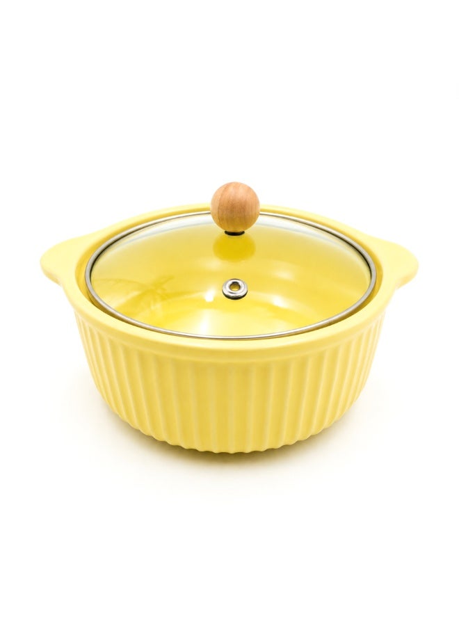 Ceramic Bowl with Lid Stripes Yellow Microwave Dishwasher Safe Serving Storage Soup Rice Cereal Snacks Salad Noodles MealPrep Kitchen Food Container Home Dining Restaurant Use - Image 1