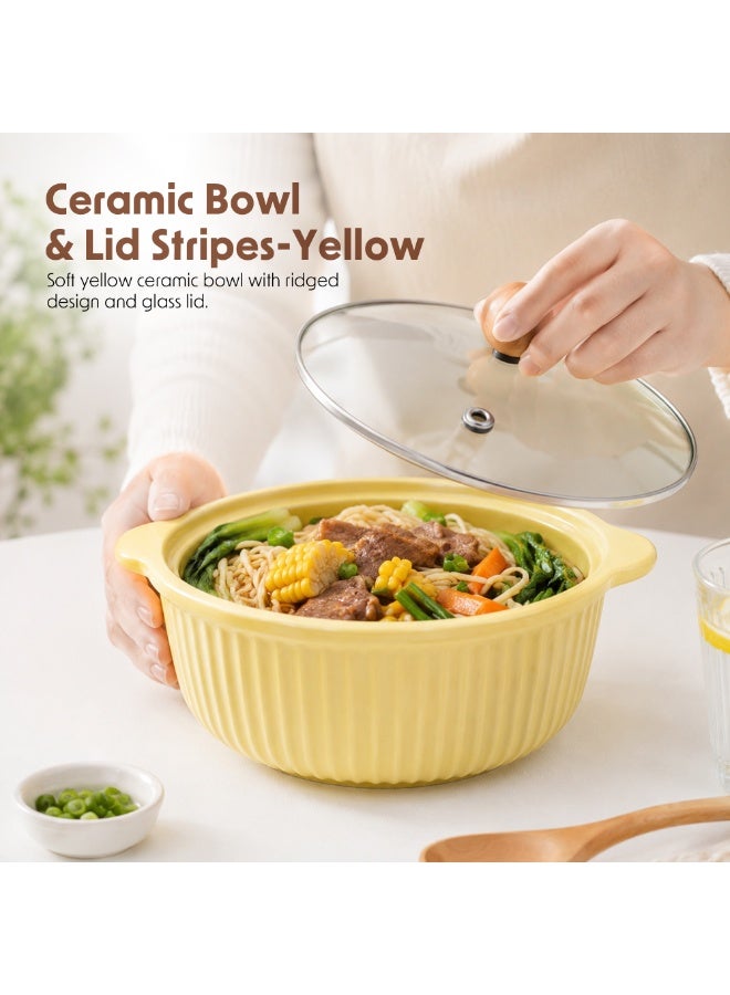 Ceramic Bowl with Lid Stripes Yellow Microwave Dishwasher Safe Serving Storage Soup Rice Cereal Snacks Salad Noodles MealPrep Kitchen Food Container Home Dining Restaurant Use - Image 2
