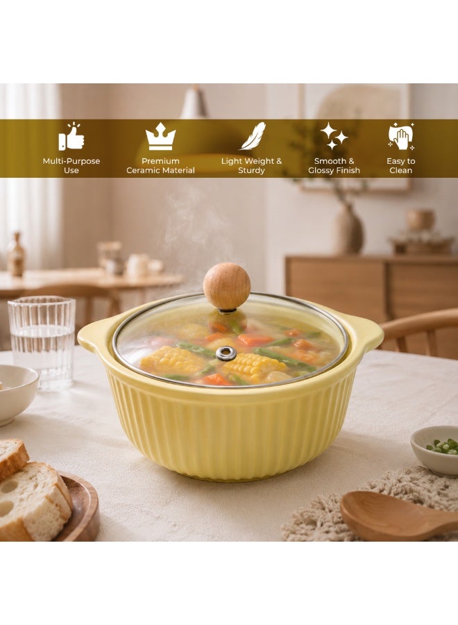 Ceramic Bowl with Lid Stripes Yellow Microwave Dishwasher Safe Serving Storage Soup Rice Cereal Snacks Salad Noodles MealPrep Kitchen Food Container Home Dining Restaurant Use - Image 4