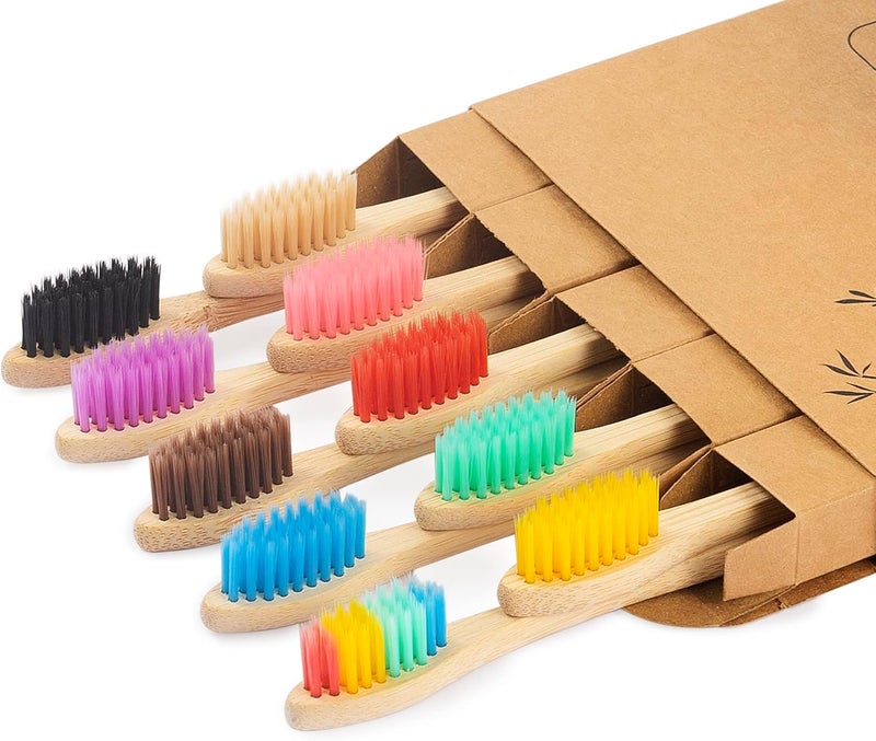 NUDUKO Biodegradable Bamboo Toothbrushes, 10 Piece BPA Free Soft Bristles Toothbrushes, Natural, Eco-Friendly, Green and Compostable (Multicolored Bristles) - Image 1