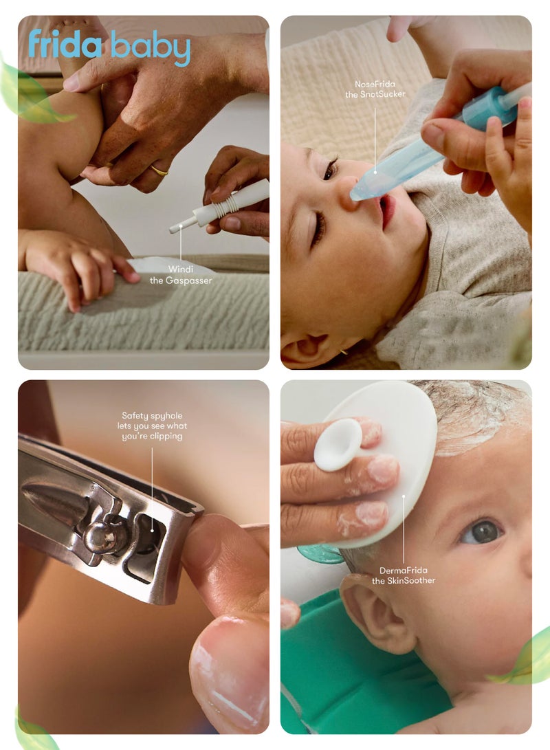 fridababy Baby Basics Kit | Made in Sweden | Newborn Care Set with NoseFrida Nasal Aspirator, Windi GasPasser, NailFrida Clipper, DermaFrida SkinSoother & Carry Case - Image 2