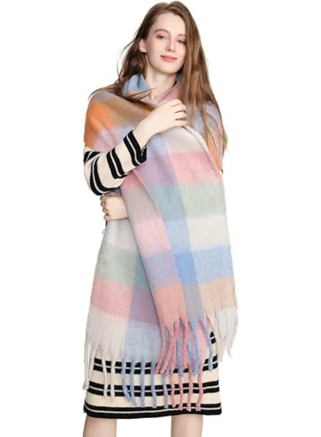 HZYH Women's Cashmere Big Coloured Checked Scarf, Winter Warm Wrap Scarf - Image 5