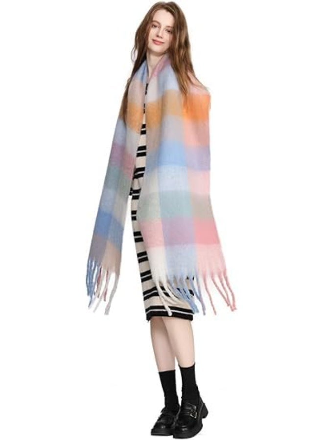 HZYH Women's Cashmere Big Coloured Checked Scarf, Winter Warm Wrap Scarf - Image 2