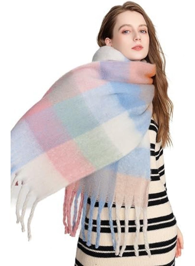 HZYH Women's Cashmere Big Coloured Checked Scarf, Winter Warm Wrap Scarf - Image 4