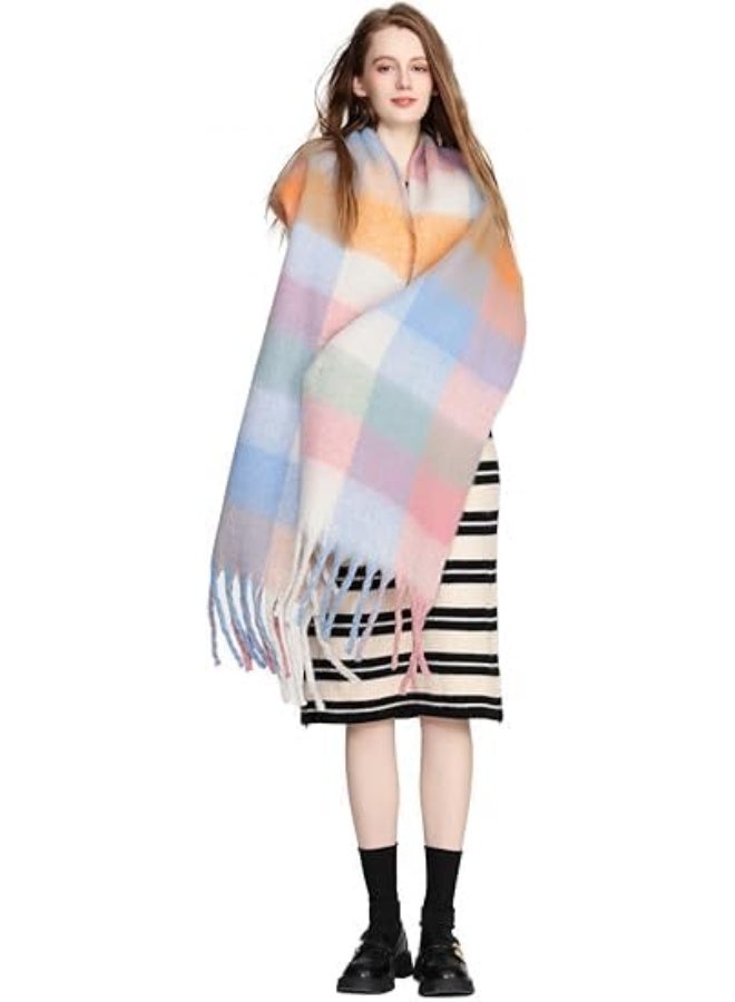 HZYH Women's Cashmere Big Coloured Checked Scarf, Winter Warm Wrap Scarf - Image 3