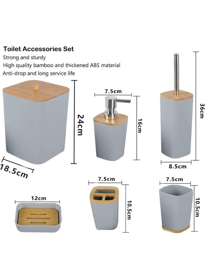Happy Home 6-Piece Bathroom Accessory Set Bathroom Accessory Set Includes Toilet Brush, Soap Dispenser, Waste Bin, Toothbrush Holder, Soap Dispenser, and Cup - Grey  - Image 2
