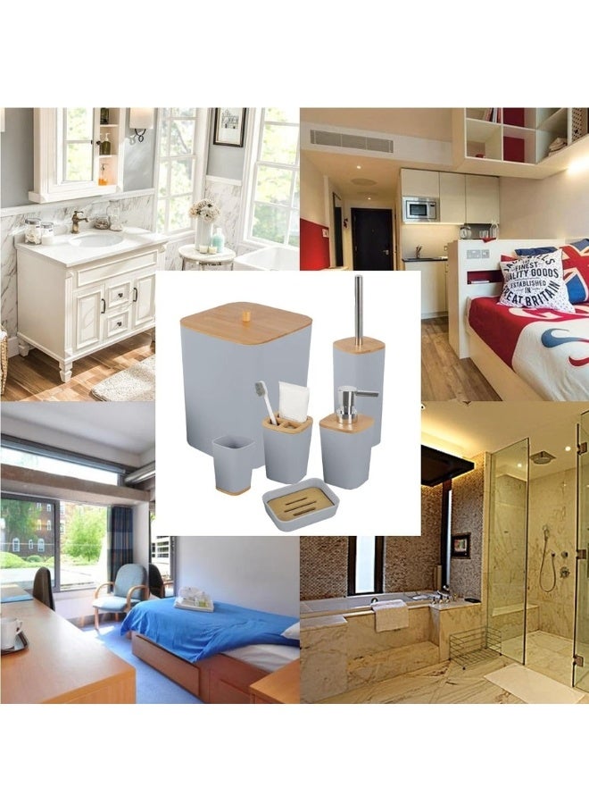 Happy Home 6-Piece Bathroom Accessory Set Bathroom Accessory Set Includes Toilet Brush, Soap Dispenser, Waste Bin, Toothbrush Holder, Soap Dispenser, and Cup - Grey  - Image 5