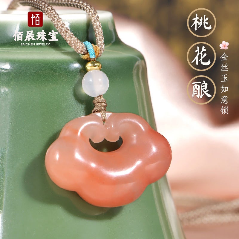 Generic Natural Golden Jade Peach Blossom Brewed Ruyi Lock Pendant Pink Jade Xiangyun Ping An Lock Jade Pendant DIY Accessories Peach Blossom Brew Xiangyun Lock (about 28*20mm) 