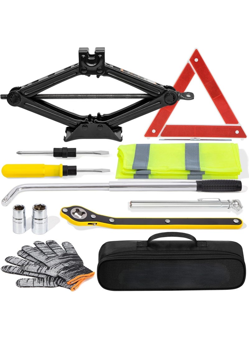 2 Ton Car Jack Kit – Portable Scissor Jack with Lug Wrench for Tire Changes