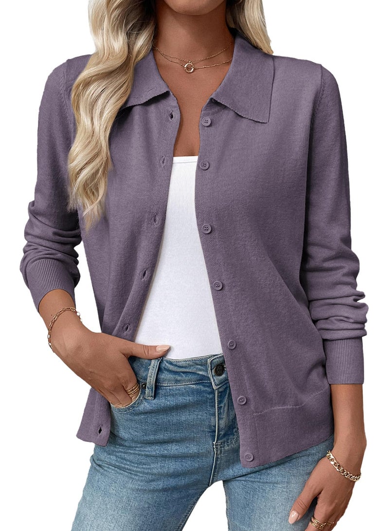 EVALESS Cardigan Sweaters for Women Lightweight Trendy Long Sleeve Lapel Collar Button Down Sweaters Spring 2026 Casual Soft Wool Blend Knit Cardigans Sweater Tops Purple Large - Image 1