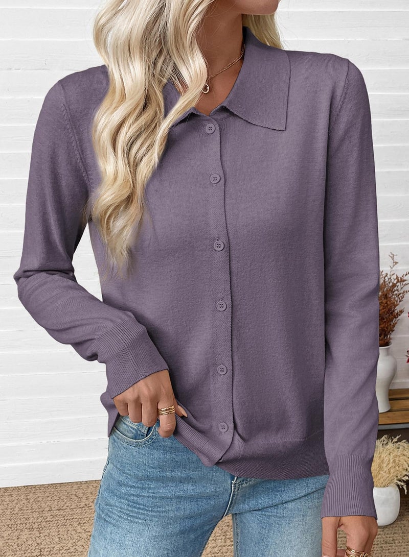 EVALESS Cardigan Sweaters for Women Lightweight Trendy Long Sleeve Lapel Collar Button Down Sweaters Spring 2026 Casual Soft Wool Blend Knit Cardigans Sweater Tops Purple Large - Image 3