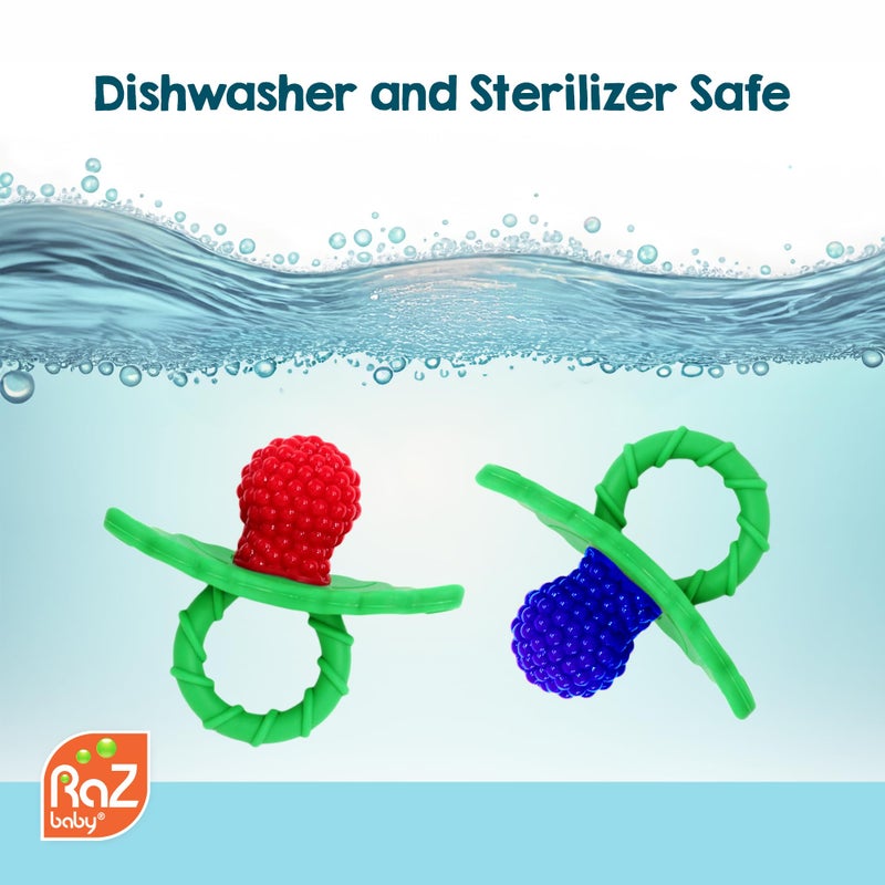 RaZbaby RaZberry Silicone Teether Pacifier â€“ Teething Relief for Infants, Food-Grade, BPA-Free, Hands-Free, Natural Berrybumps Fruit Texture for Sensory Development, Freezable, 2-Pack - Pink & White - Image 5