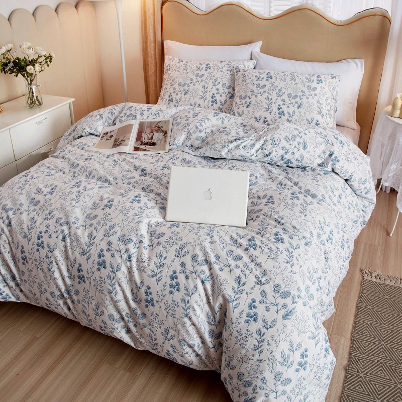 Mixinni 3Pcs Floral Comforter Set King Size  Botanical Blue Flowers Leaves On White Cute Bedding Comforter Sets For Women  1 Soft Pastoral Style Comforter And 2 Pillowcases For All Seasons - Image 3