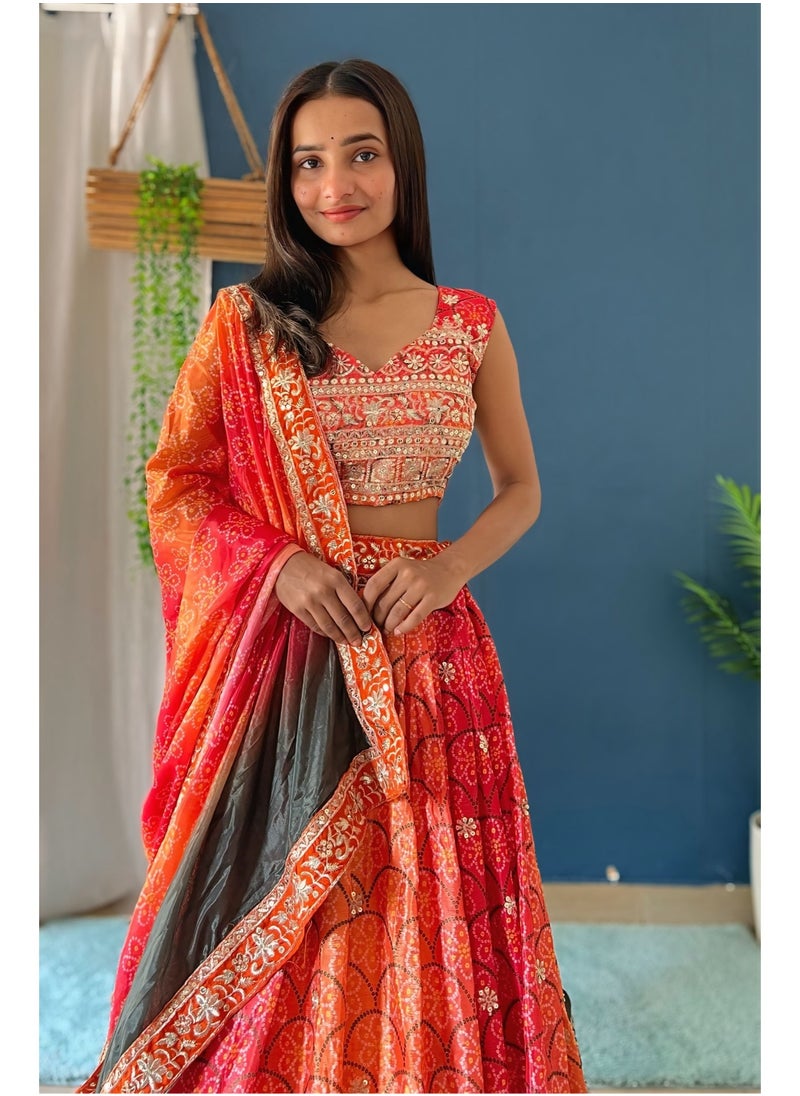 Super Asian Luxury Chinnon Silk Lehenga with 3m Flair, Embroidered Dupatta & Unstitched Blouse  - Image 3