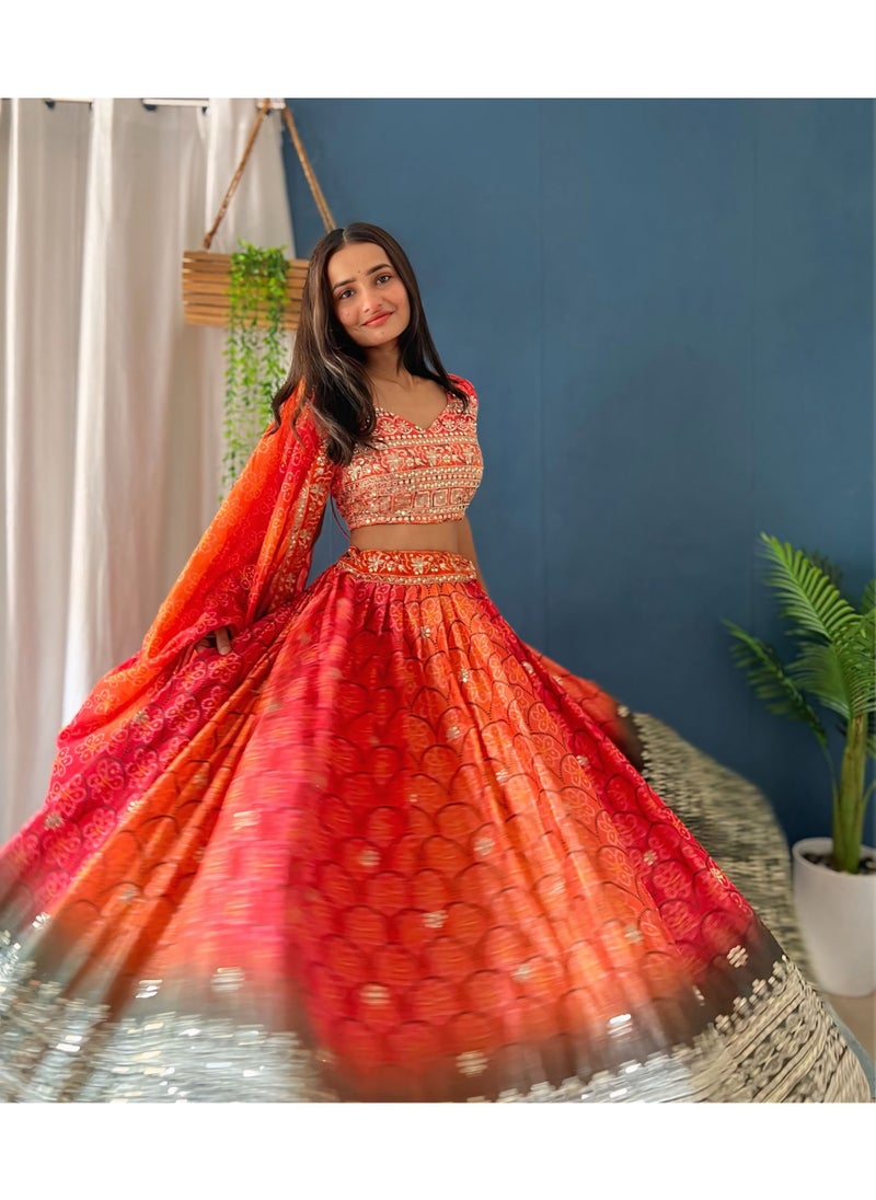 Super Asian Luxury Chinnon Silk Lehenga with 3m Flair, Embroidered Dupatta & Unstitched Blouse  - Image 5