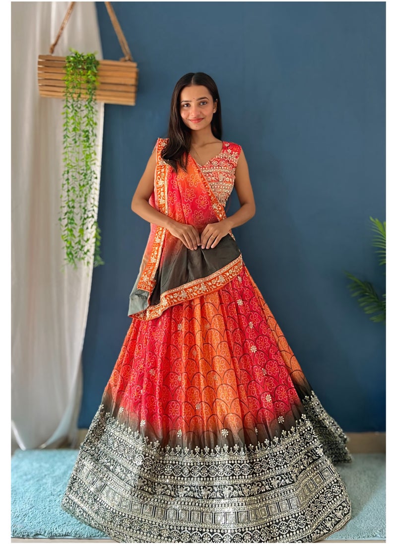 Super Asian Luxury Chinnon Silk Lehenga with 3m Flair, Embroidered Dupatta & Unstitched Blouse  - Image 2
