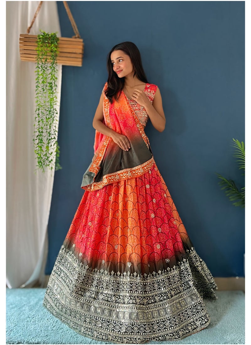 Super Asian Luxury Chinnon Silk Lehenga with 3m Flair, Embroidered Dupatta & Unstitched Blouse  - Image 1