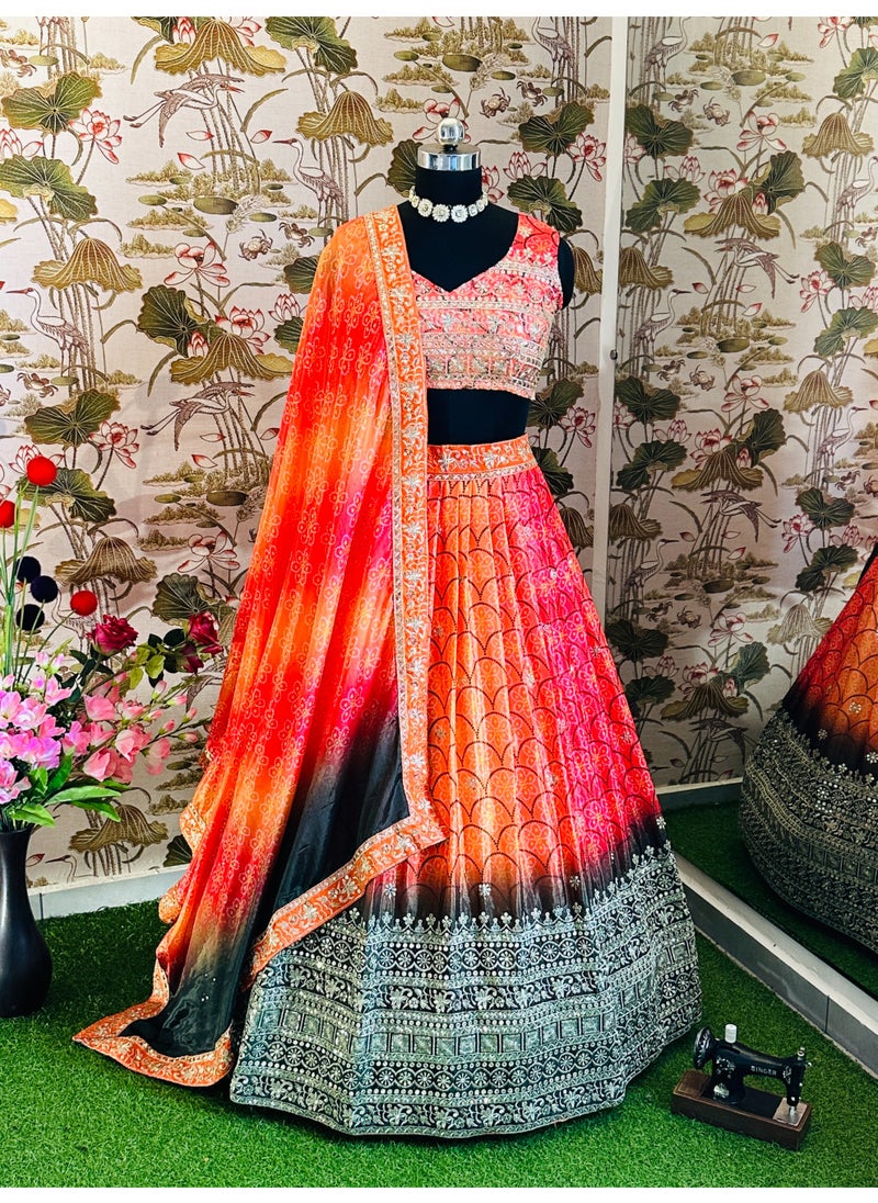 Super Asian Luxury Chinnon Silk Lehenga with 3m Flair, Embroidered Dupatta & Unstitched Blouse  - Image 4