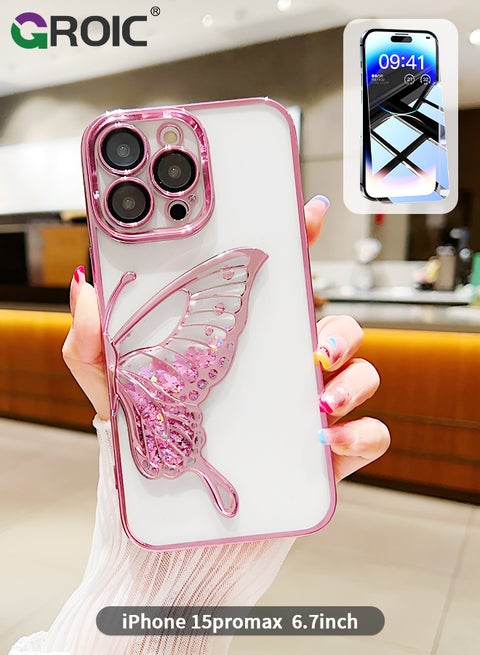 Designed for iPhone 15 Pro Max 6.7 Inches Case, Transparent Butterfly Quicksand Glitter Shell, Soft TPU Back with Soft Edge Slim Case Anti-Fingerprints Sanding Surface Shockproof Protective Cover