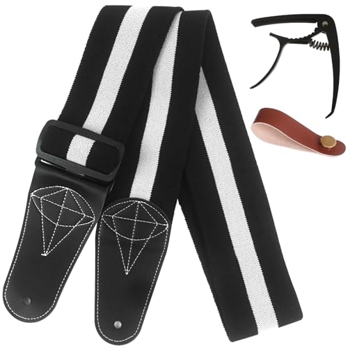 Kmise Stretchy Adjustable Guitar Strap with Guitar Capo and Strap Button,Durable Leather Ends and Stretch Cotton Comfort for Electric, Acoustic, Bass Guitars,Ideal Guitar Accessories - Image 1