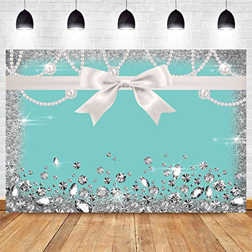 Qian Breakfast Blue Bow-Knot Birthday Party Photography Backdrop Sweet 16 Turquoise Diamond Bow Glitter Photo Background 5x3ft Vinyl Bridal Shower Wedding Party Banner Supplies Backdrops Studio Props - Image 2