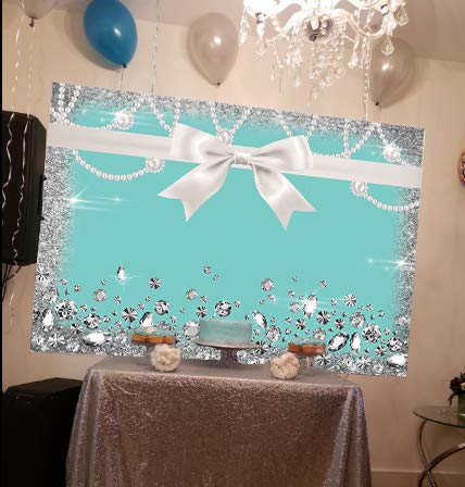 Qian Breakfast Blue Bow-Knot Birthday Party Photography Backdrop Sweet 16 Turquoise Diamond Bow Glitter Photo Background 5x3ft Vinyl Bridal Shower Wedding Party Banner Supplies Backdrops Studio Props - Image 5