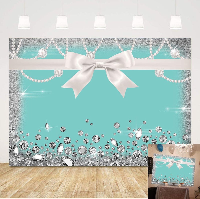 Qian Breakfast Blue Bow-Knot Birthday Party Photography Backdrop Sweet 16 Turquoise Diamond Bow Glitter Photo Background 5x3ft Vinyl Bridal Shower Wedding Party Banner Supplies Backdrops Studio Props - Image 1