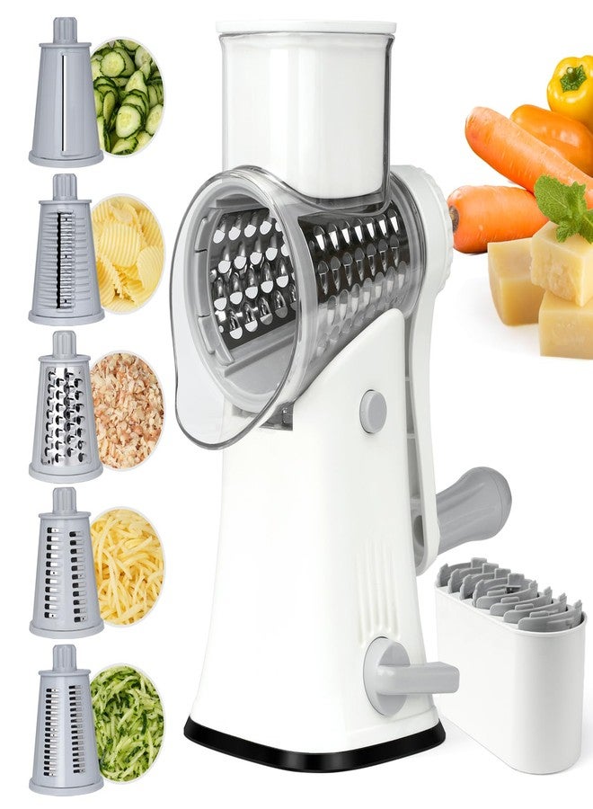REDPANT 5 in 1 Rotary Cheese Grater, Manual Hand Crank Cheese Grater With Reinforced Suction & 5 Interchangeable Blades, Multifunctional Cheese Shredder, Easy to Use and Clean, White - Image 1