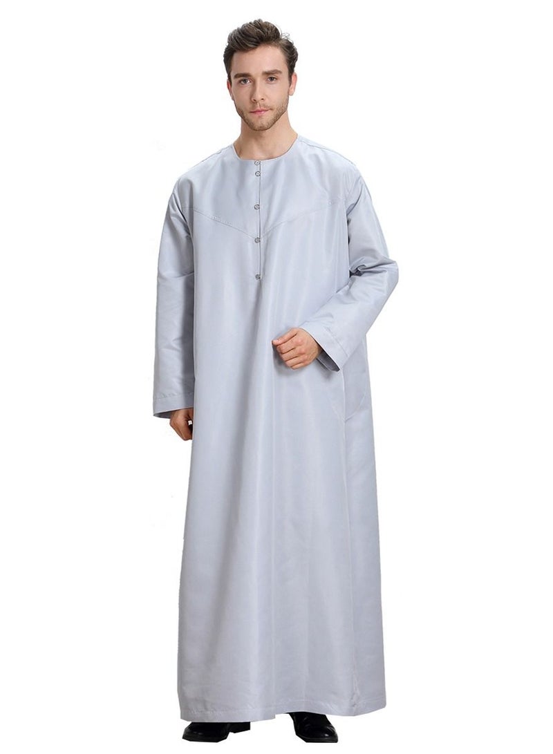 إسكدنيا Men's Round Neck Solid Color Full Length Kandora Islamic Arabic Long Sleeve Kaftan Robe Grey  - Image 1