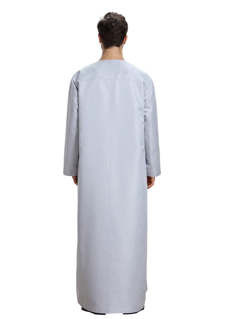 إسكدنيا Men's Round Neck Solid Color Full Length Kandora Islamic Arabic Long Sleeve Kaftan Robe Grey  - Image 2