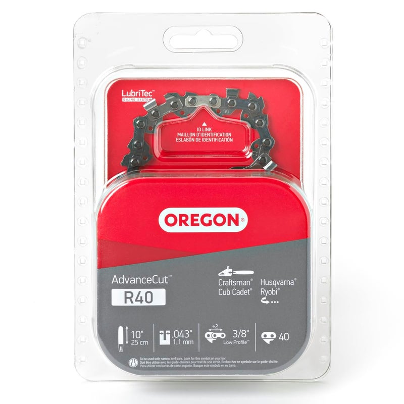 Oregon R40 Chainsaw Chain for 10 Inch Bar â€“ 40 Drive Link Replacement Chainsaw Blade, .043" Gauge, 3/8" Pitch, fits Remington, Husqvarna, Ryobi and more, AdvanceCut, Gray - Image 1