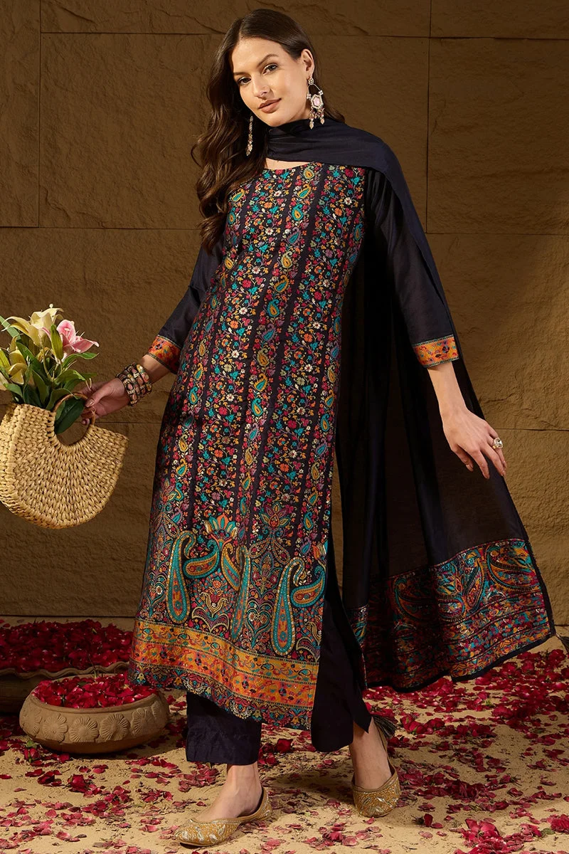 زيري سوق Navy Blue Silk Blend Woven Design Straight 3-Piece Anarkali Set