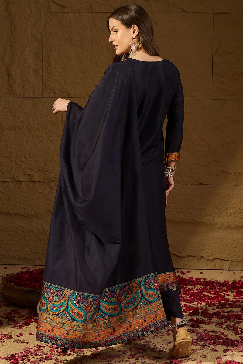 ZERESOUQ Navy Blue Silk Blend Woven Design Straight 3-Piece Anarkali Set