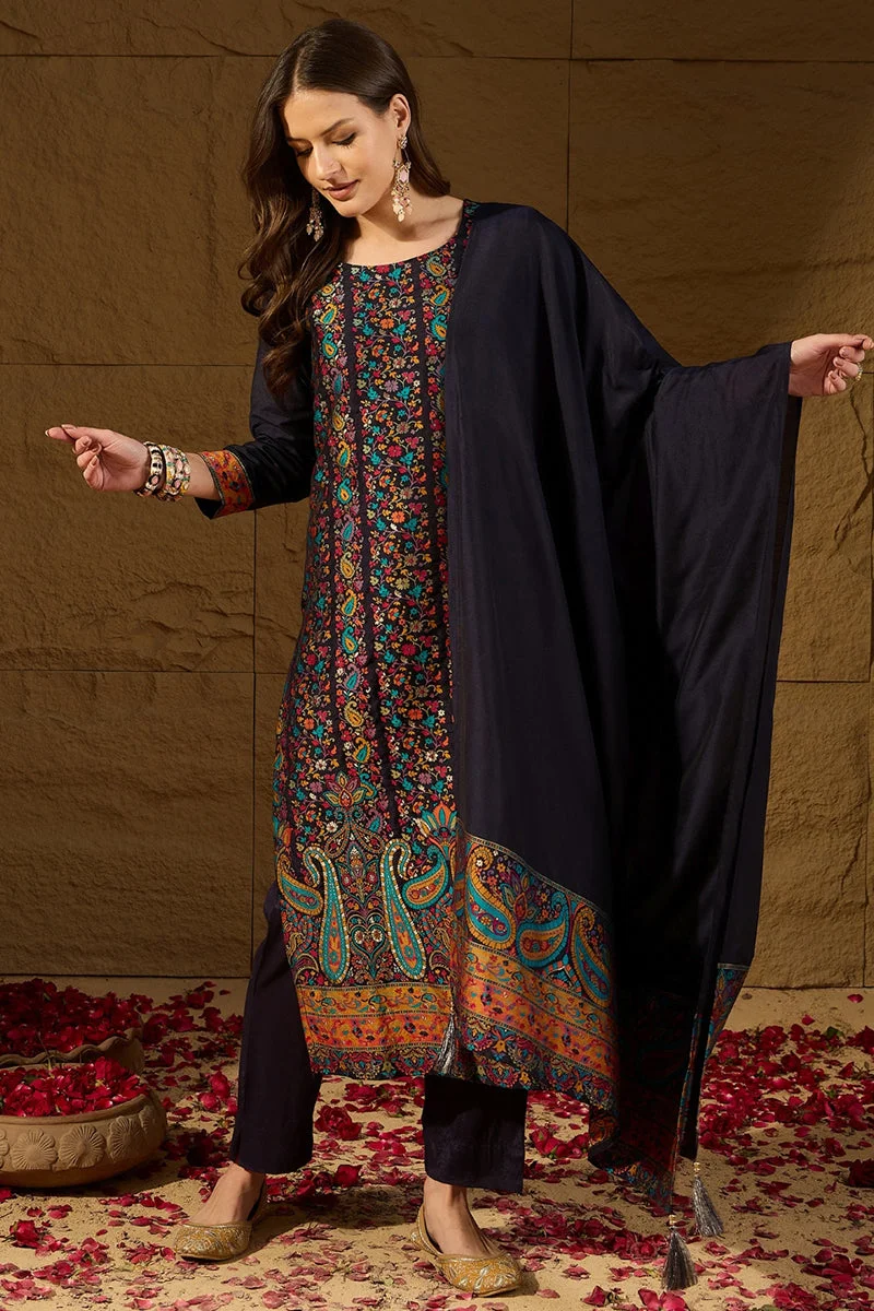 ZERESOUQ Navy Blue Silk Blend Woven Design Straight 3-Piece Anarkali Set