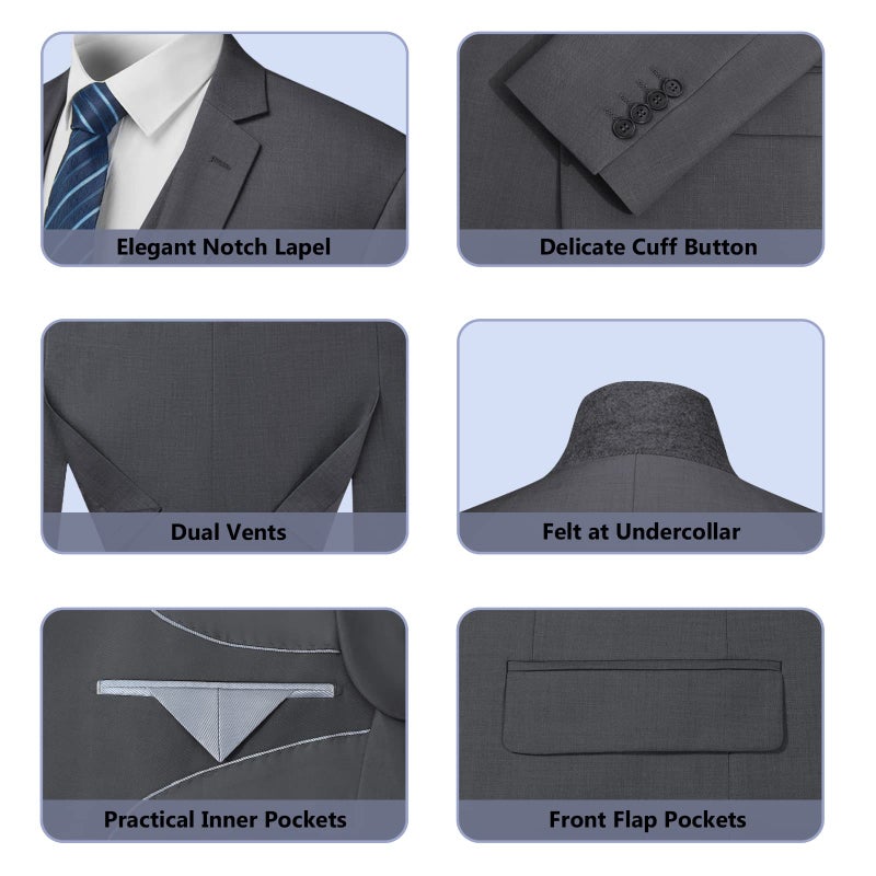 Cooper & Nelson 3 Piece Mens Suit Set, 2 Button Slim Fit Suit for Men, Jacket, Vest, Pants and Tie Dark Grey L - Image 5