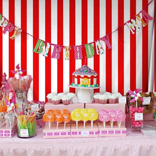 KUKUSOUL 7x5ft Circus Themed Red and White Striped Photography Backdrop Movie Themed Vertical Streak Textured Background Birthday Party Decor Photo Studio Props Banner Adult Girl Boy Wallpaper KU244 - Image 5