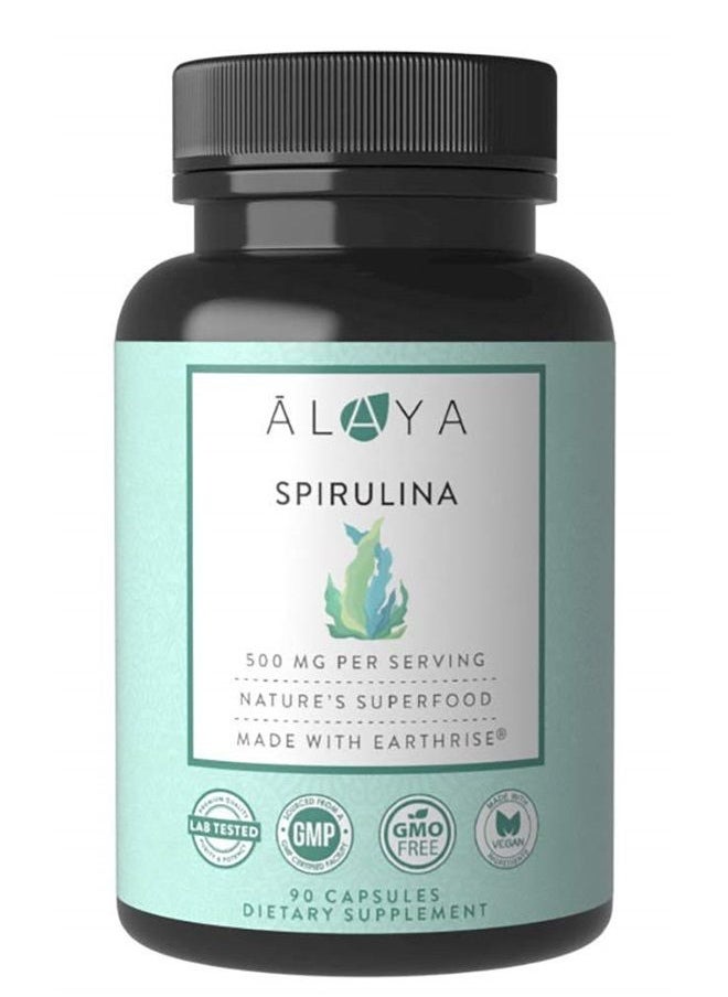 Alaya Naturals - Pure Spirulina Capsules - Made with Earthrise Spirulina, Blue Green Algae Superfood - Non-GMO & Vegan - 500 mg, 90 Capsules - Image 1