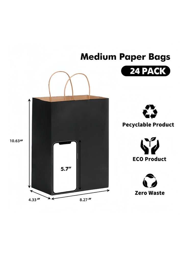 ٢٤ حقيبة هدايا ورقية سوداء بمقابض، مقاس متوسط ٢١×١١×٢٧ سم، قابلة لإعادة التدوير، مثالية للحفلات، الهدايا، التسوق، والتغليف - Image 2