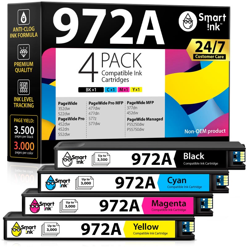 Smart Ink Compatible Ink Cartridges Replacement for HP 972A 972 A 4 Pack Combo to use with PageWide Pro 477dw 577dw 452dw 477dn 452dn 577z 552dw 377dw P55250dw Printers Black Cyan Magenta Yellow