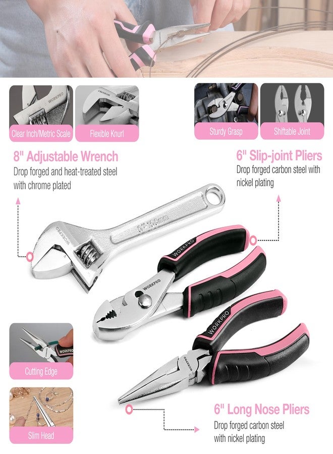 ووركبرو مجموعة أدوات WORKPRO الوردية، طقم أدوات مكون من 284 قطعة للنساء، صندوق أدوات منزلي وردي أساسي مزود بمقابس وزردية ومقبض سقاطة، مجموعة أدوات محمولة لإصلاح المنزل، شقة جديدة، تدفئة منزل، اصنعها بنفسك - شريط وردي - Image 4