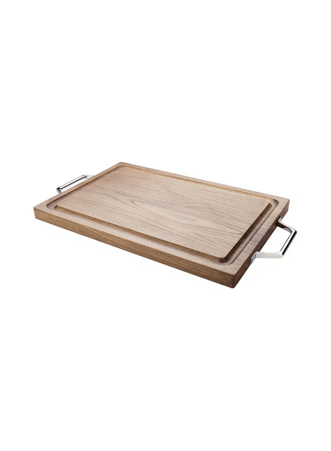Restaurantware Campagna 23.5 Inch x 14 Inch Wood Serving Tray, 1 Chrome Hardware Wooden Cutting Board - Rectangle, With Handles, Natural Ash Wood Charcuterie Board, For Fruit, Cheese, And Meat - Image 1