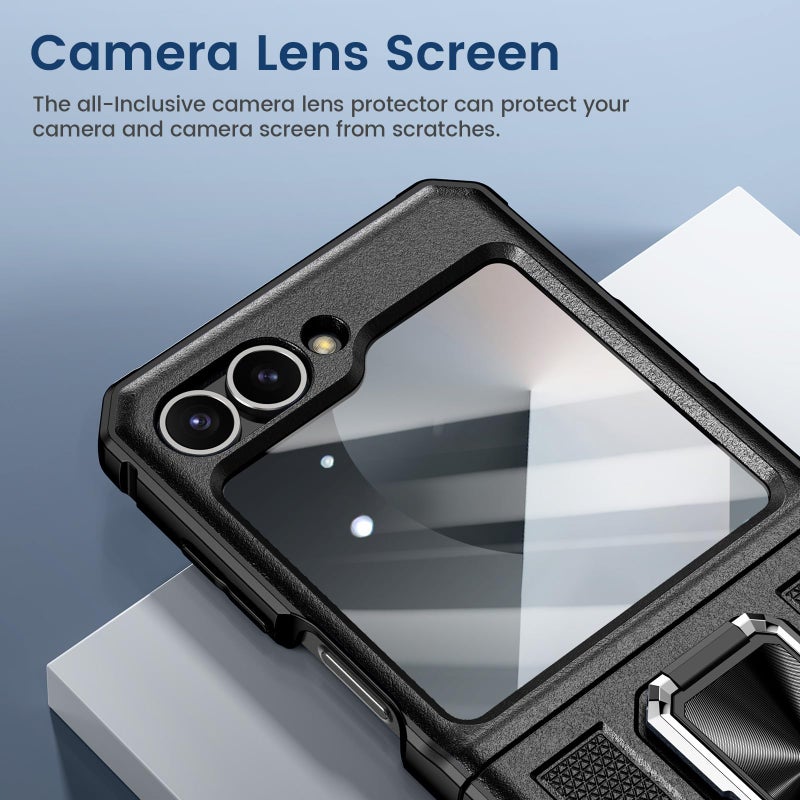 VEGO for Galaxy Z Flip 6 Case, 360Â° Rotatable Ring Kickstand & Belt Clip Holster & Tempered Glass Camera Screen Protector & Hinge Protection, Shockproof Case for Samsung Flip 6 5G - Black - Image 4