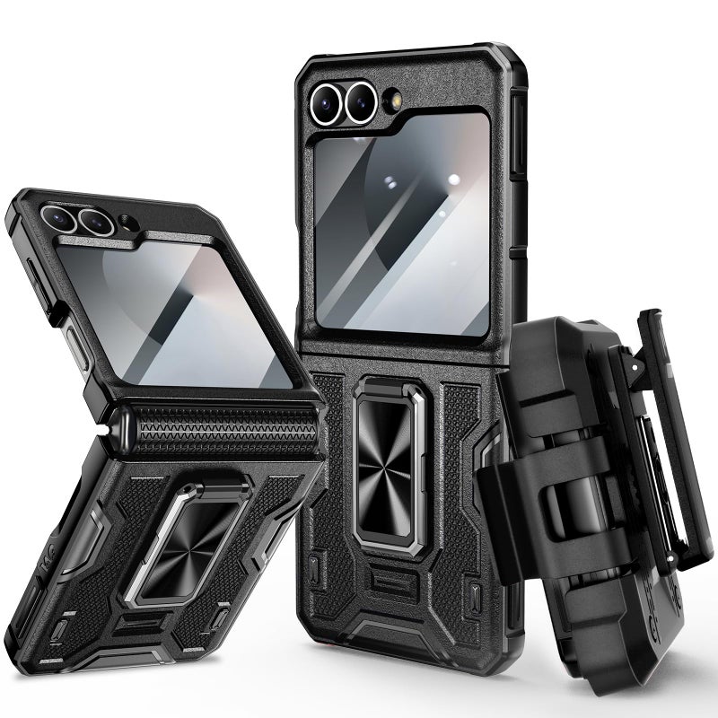 VEGO for Galaxy Z Flip 6 Case, 360Â° Rotatable Ring Kickstand & Belt Clip Holster & Tempered Glass Camera Screen Protector & Hinge Protection, Shockproof Case for Samsung Flip 6 5G - Black - Image 1