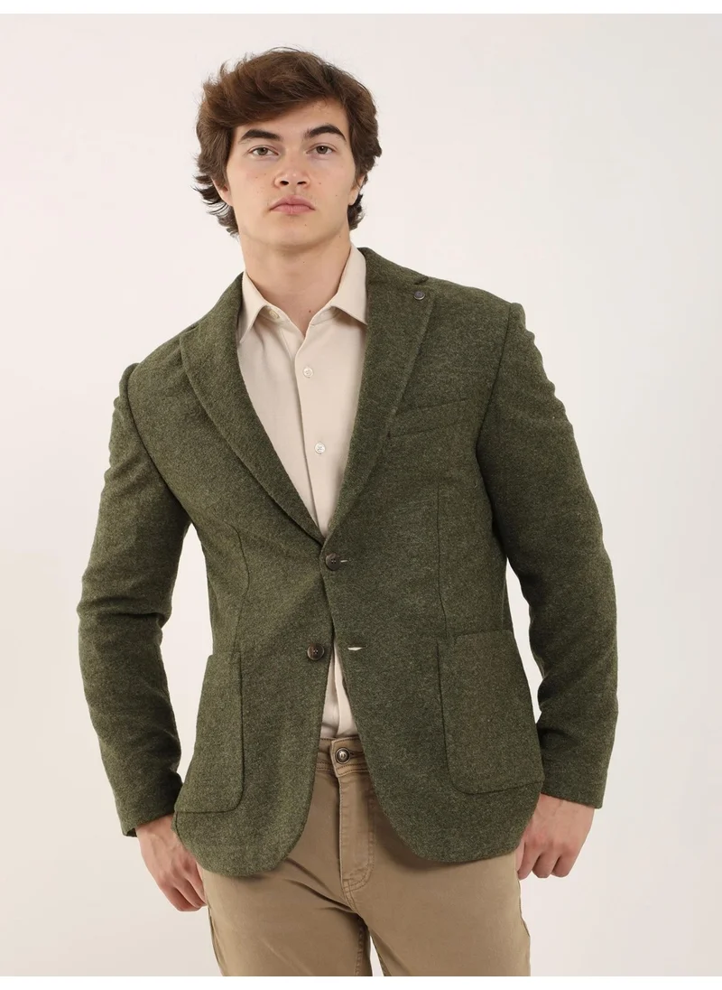 Dufy Khaki Men's Slim Fit Mono Collar Jacket 96580