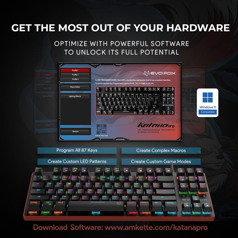 EvoFox Katana Pro Programmable Mechanical Keyboard with Silent Outemu Red Switches, 16 Million True Prism RGB, Powerful Software, 4 Game Modes, On Board Memory, Braided Cable with EMI Ring (Red+Black) - Image 5