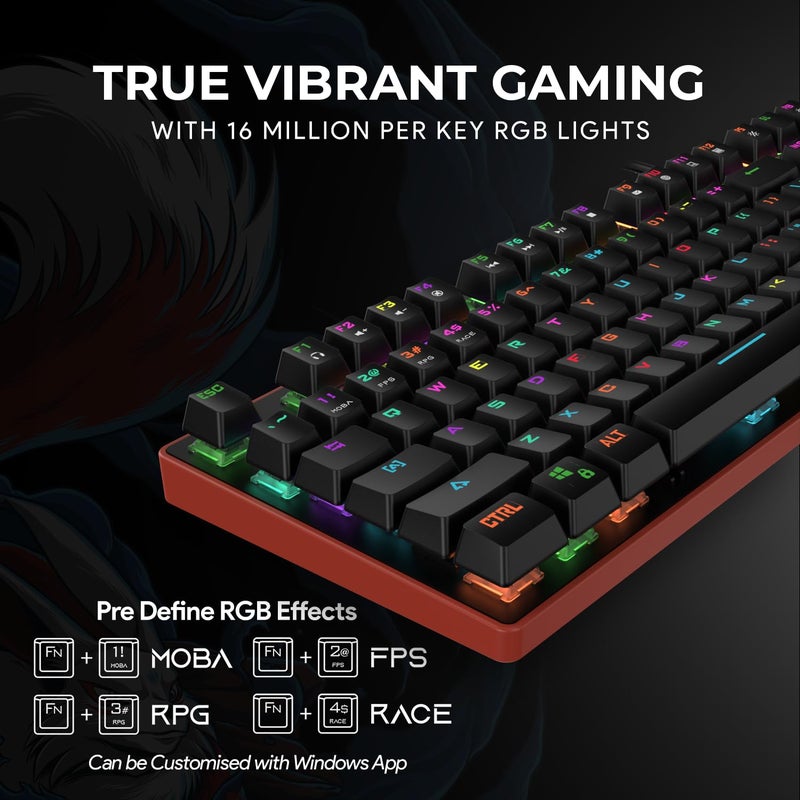 EvoFox Katana Pro Programmable Mechanical Keyboard with Silent Outemu Red Switches, 16 Million True Prism RGB, Powerful Software, 4 Game Modes, On Board Memory, Braided Cable with EMI Ring (Red+Black) - Image 3