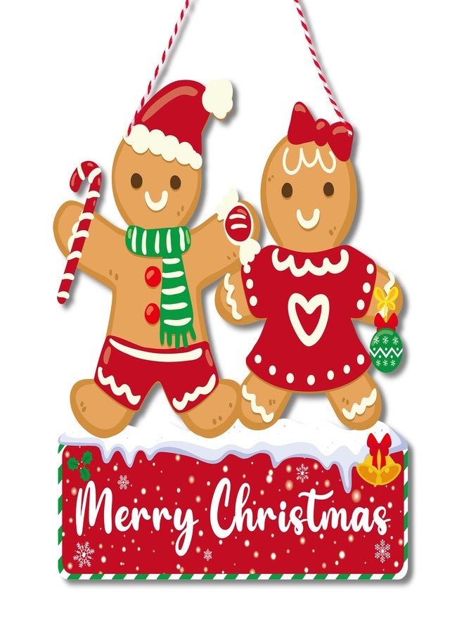 Uflashmi Gingerbread Merry Christmas Door Sign, Wooden Ginger Bread Christmas Hanging Sign for Front Door Wall Decor, 11.2x11in - Image 1